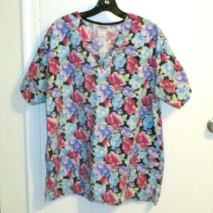 Fashion Scrubs Jasco Lrg V Neck Pink Bkue Floral On Black
